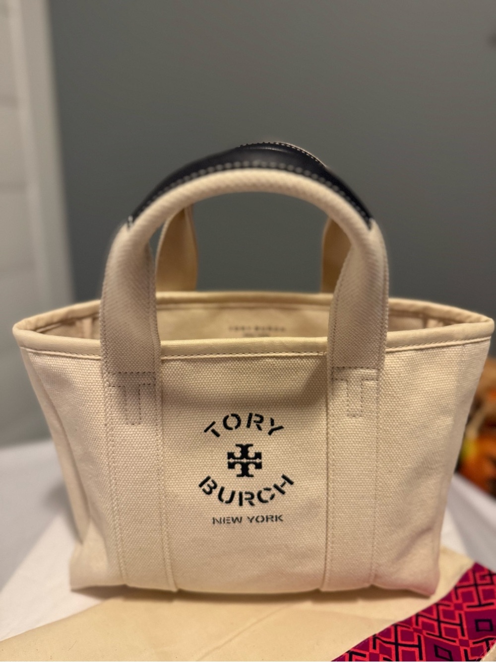 NWT Tory Burch Mini Mercer Street Canvas Tote Natural Black Logo